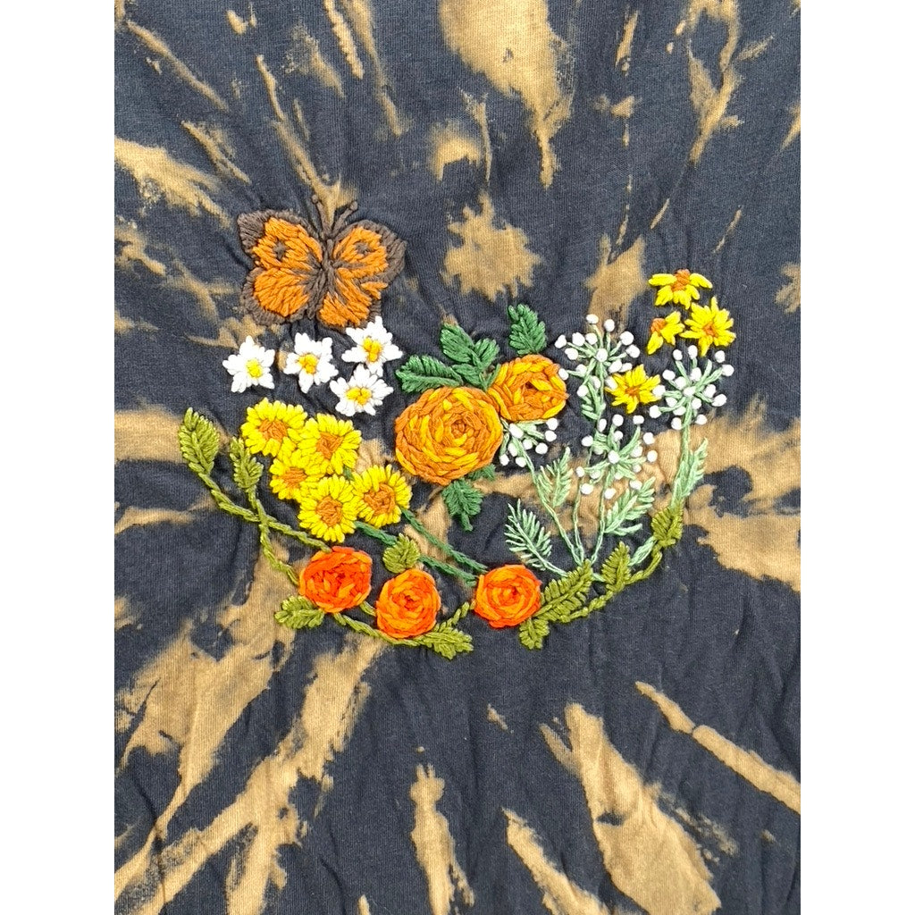 DOUBLE ZERO Women’s Black-Orange Tie-Dye Cluster Embroidered Floral Top SZ S