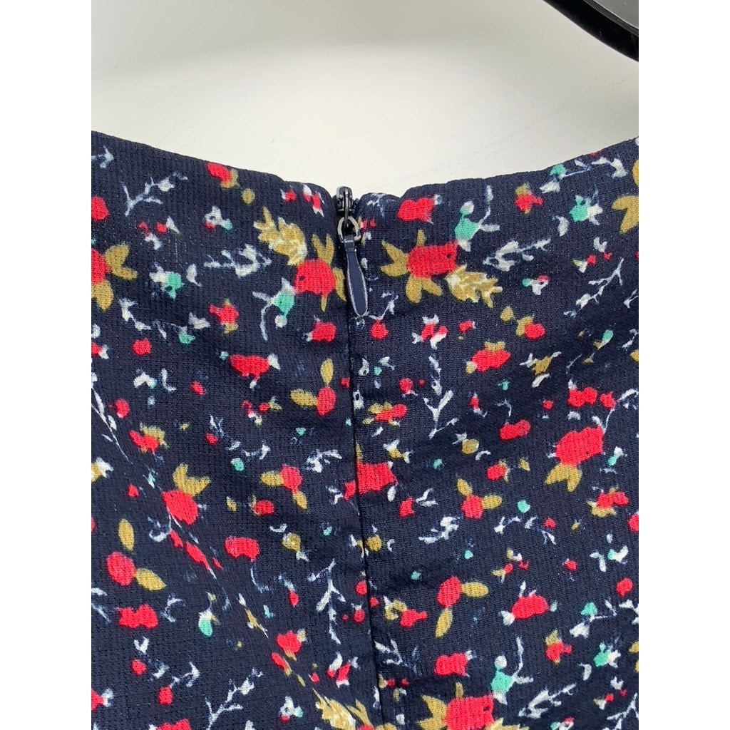 ESSUE Women's Navy Floral Elbow Sleeve V-Neck Tie-Waist A-line Dress SZ S