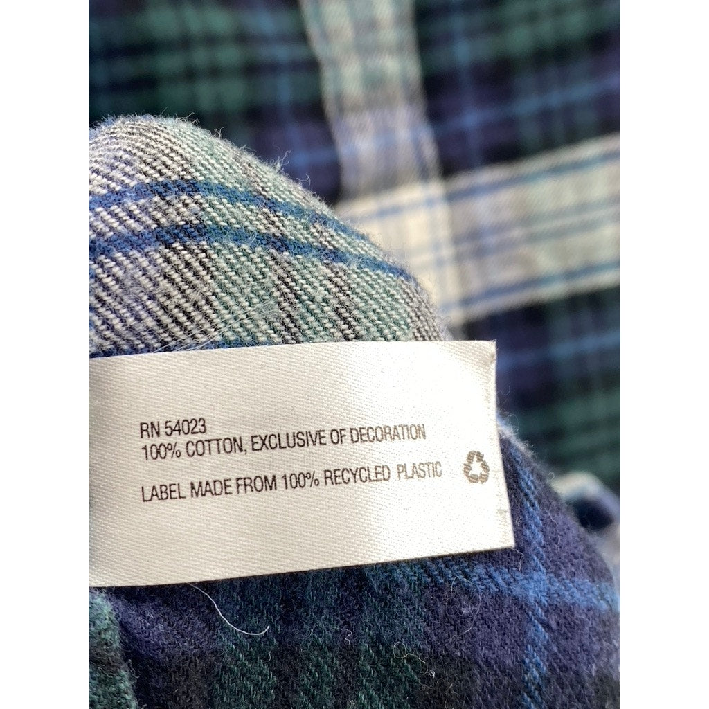 GAP Men's Blue-Green Plaid Button-Up Regular-Fit Long Sleeve Flannel Shirt SZ M