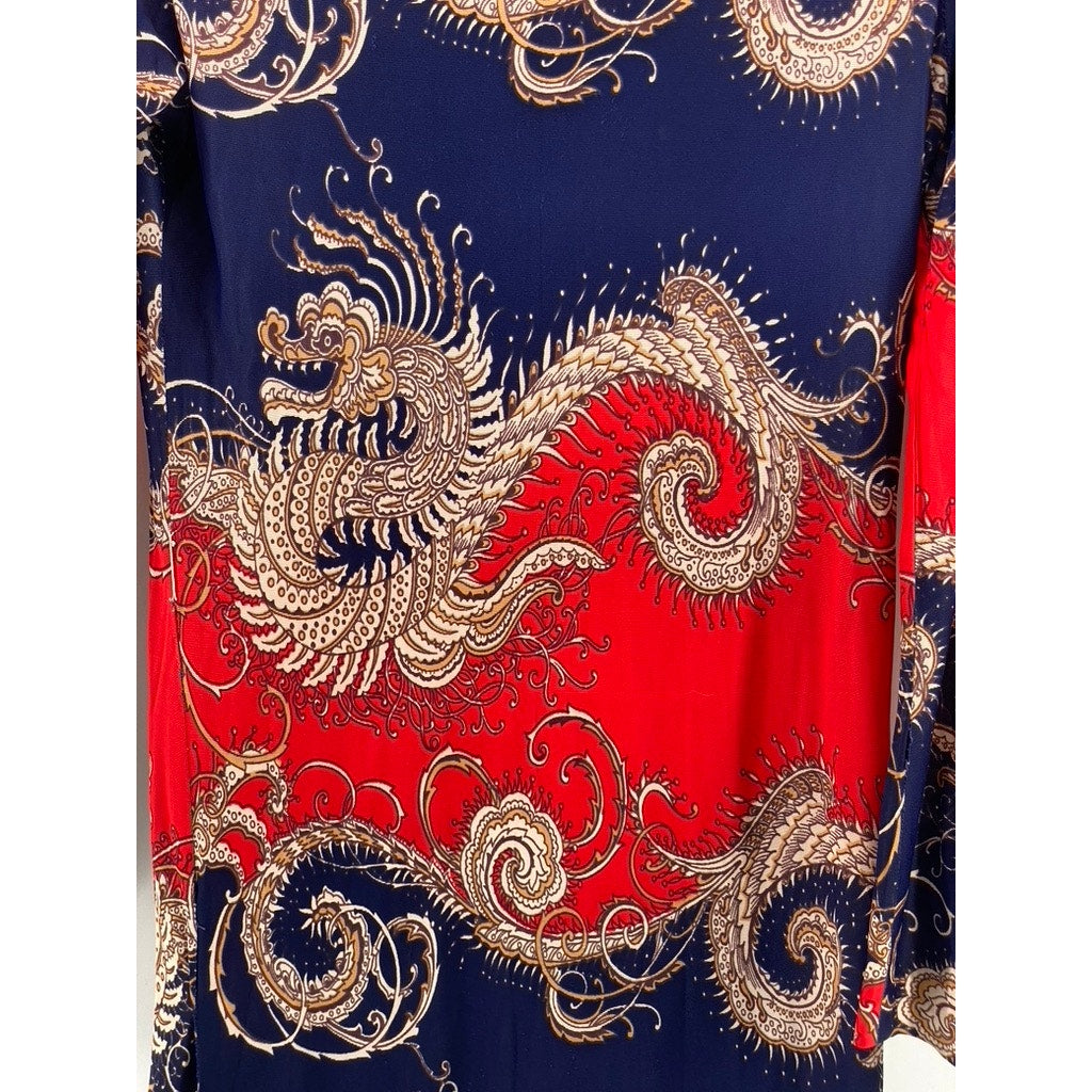 RICHARD SHOPS Women's Red-Navy Dragon Print Henley Long Sleeve Maxi Dress SZ 14