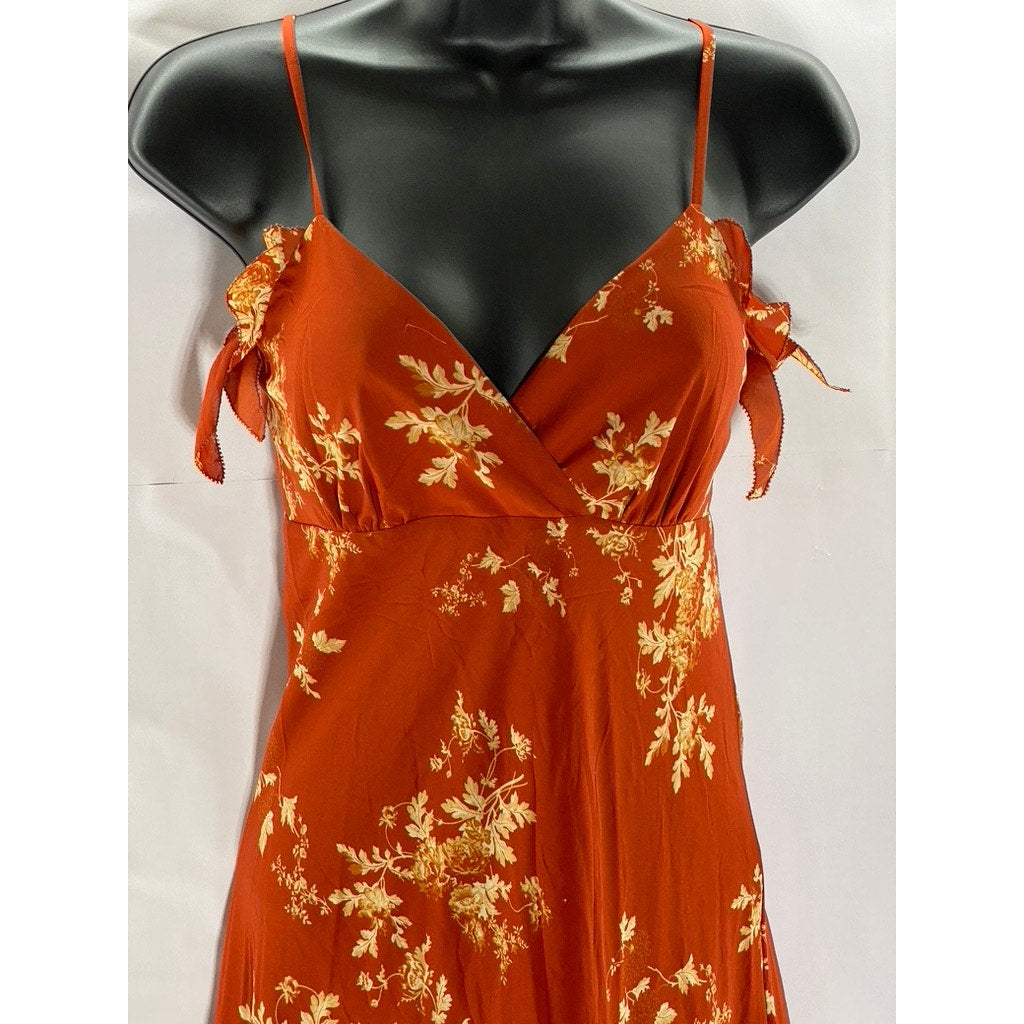 SIMPLE RETRO Women's Red Satin Floral Tall Strappy V-Neck Midi Dress SZ S