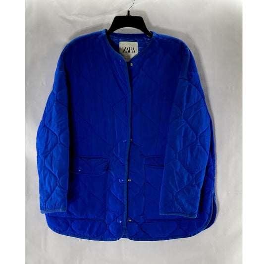 ZARA Women's Royal Blue Snap-Button Oversized Quilted Split Hem Jacket SZ XS