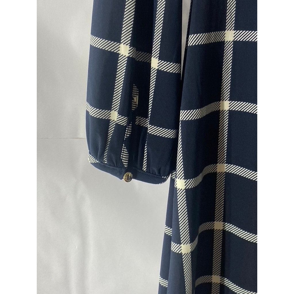 TOMMY HILFIGER Women's Navy Checkered Crewneck Long Sleeve Knee Length Dress SZS