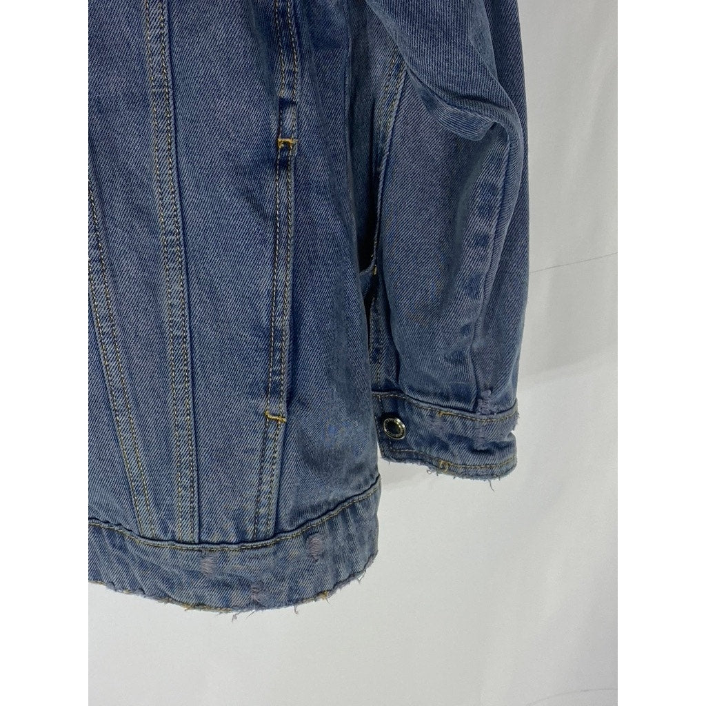 ZARA Women's Dark Navy Blue Denim Distressed Button-Up Oversized Jacket SZ M