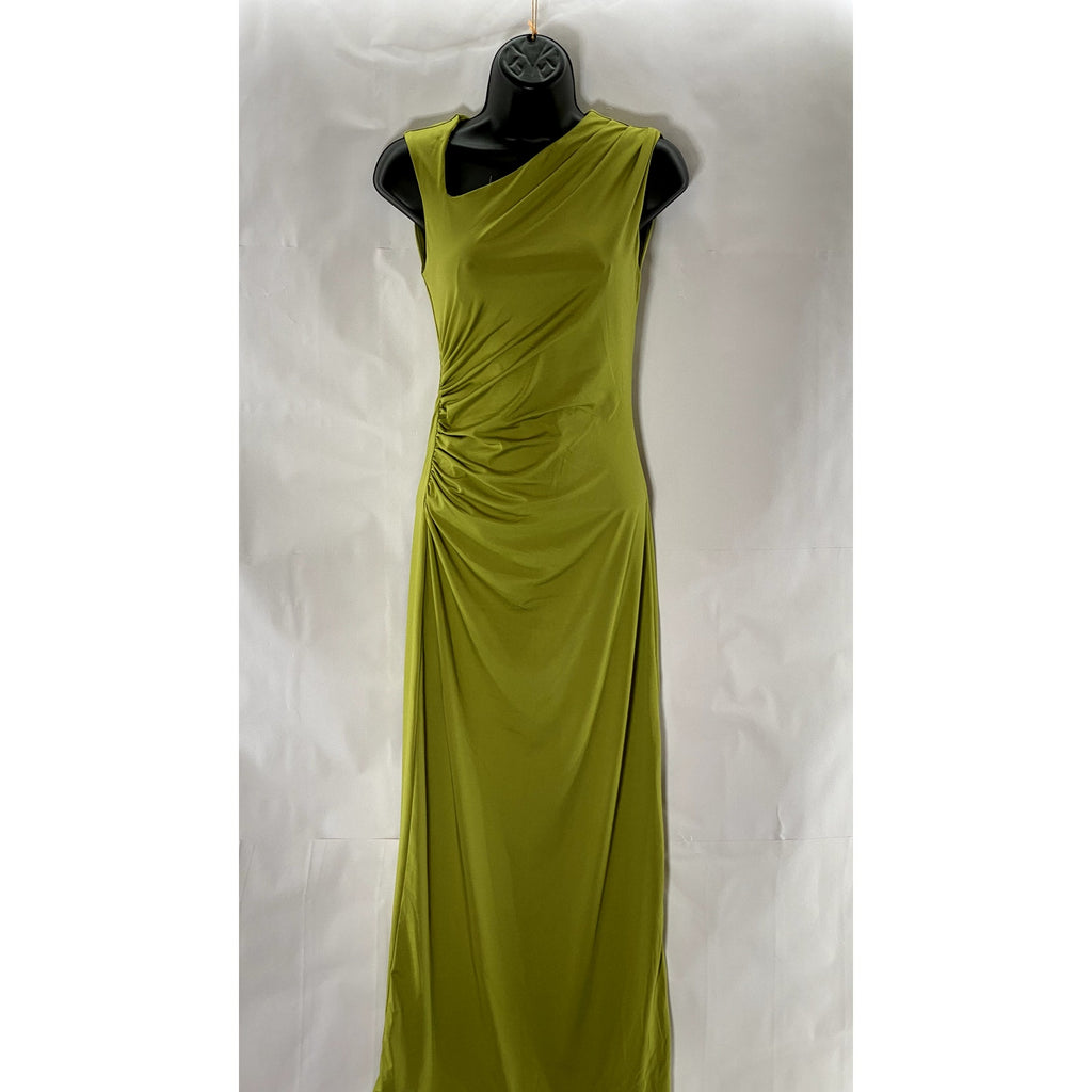 CIDER Women's Olive Green Asymmetrical Ruched Side Slit Maxi Dress SZ XS