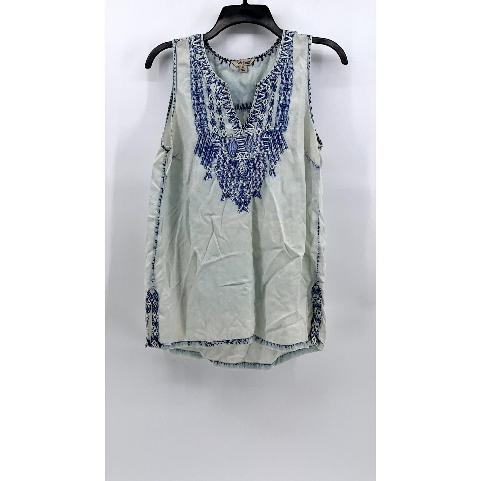 LUCKY BRAND Women's Blue Embroidered Split-Neck Tank Top SZ M