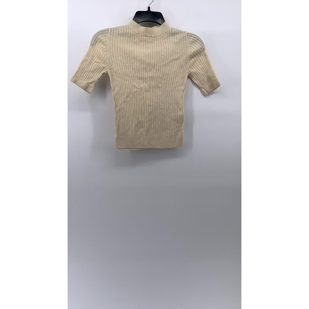 UNIQLO Women's Off-White Rib Knit Short Sleeve Cropped Mock-Neck Top SZ M