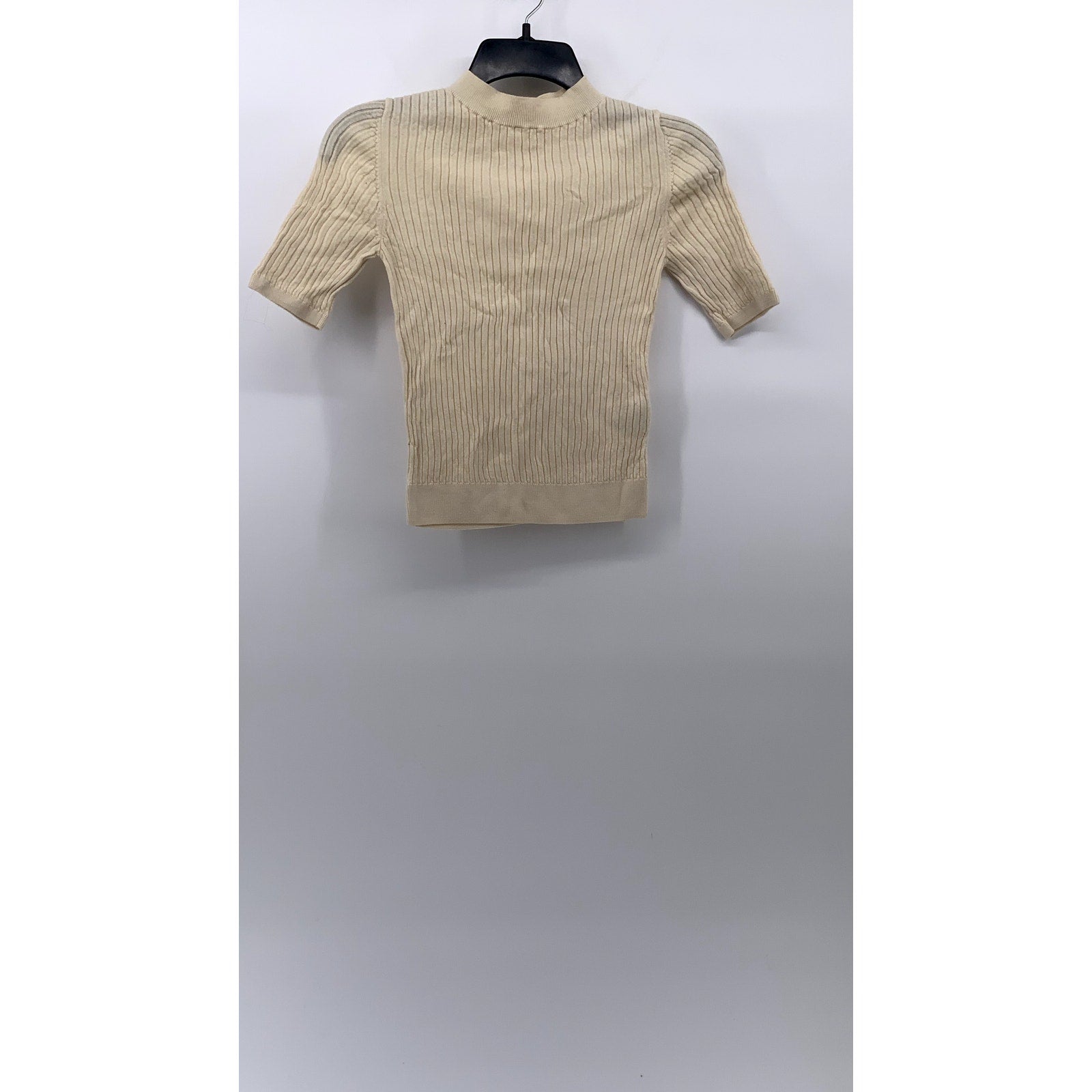 UNIQLO Women's Off-White Rib Knit Short Sleeve Cropped Mock-Neck Top SZ M