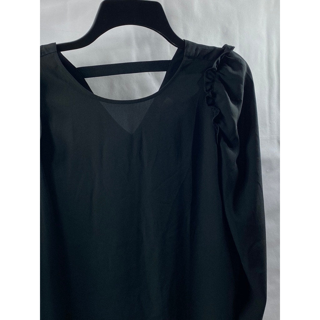 UNBRANDED Women's Black Semi-Sheer Scoop-Neck Long Sleeve Top SZ M