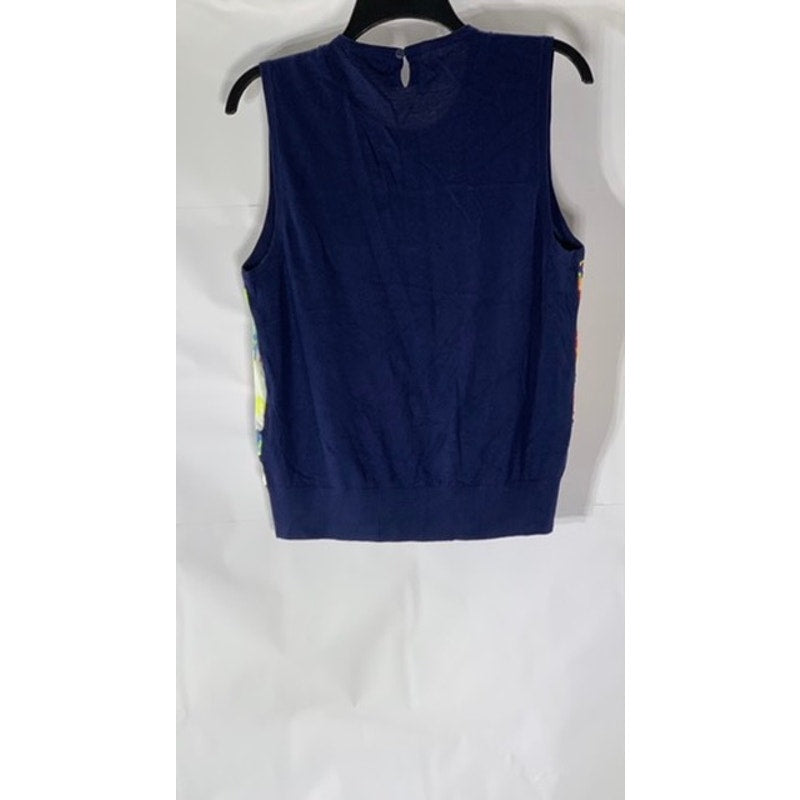 LAUREN RALPH LAUREN Women's Navy Silk Floral Crewneck Sleeveless Keyhole Top SZL