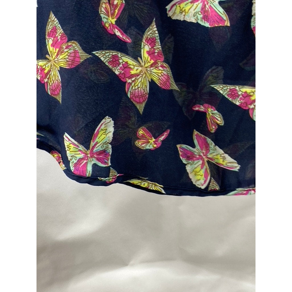 UNBRANDED Women’s Navy Sheer Scoop-Neck Butterfly Print Sleeveless Tank Top SZ S