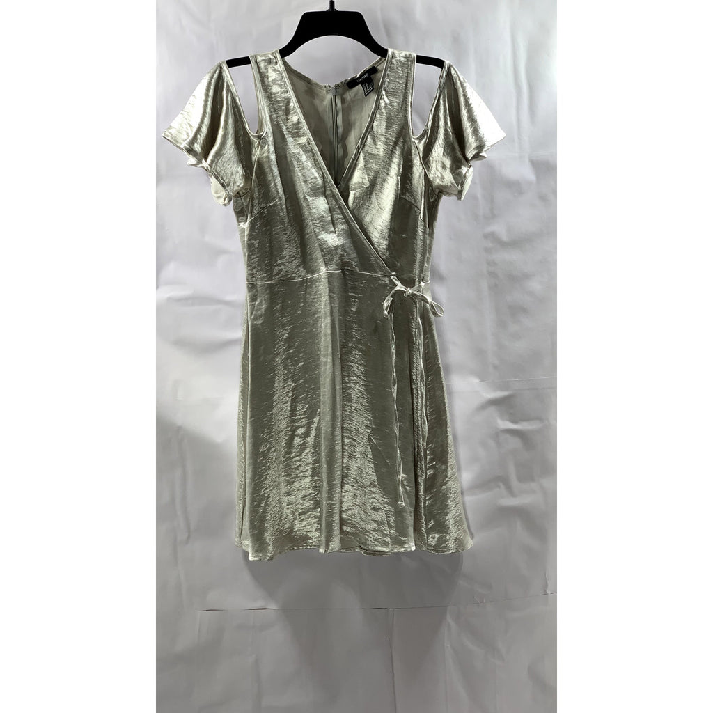FOREVER 21 Women’s Silver Metallic V-Neck Cut-Out Short Sleeve Mini Dress SZ M
