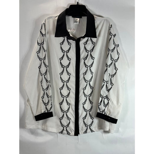 ULLA POPKEN Women's Plus Size White/Black Chain Print Relaxed Fit Top SZ 16/18