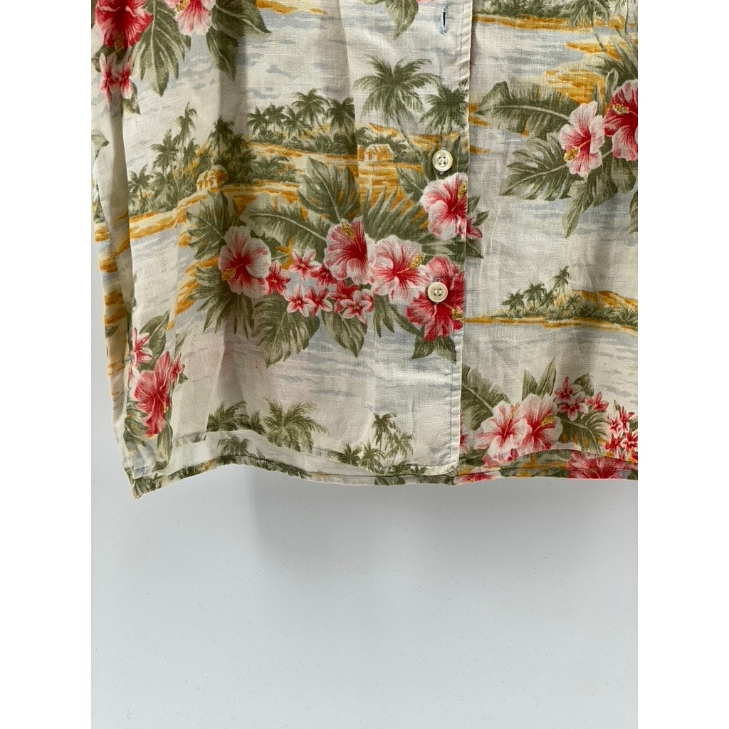JONES NEW YORK SPORT Women's Tan Linen Floral Button-Up Short Sleeve Top SZ L