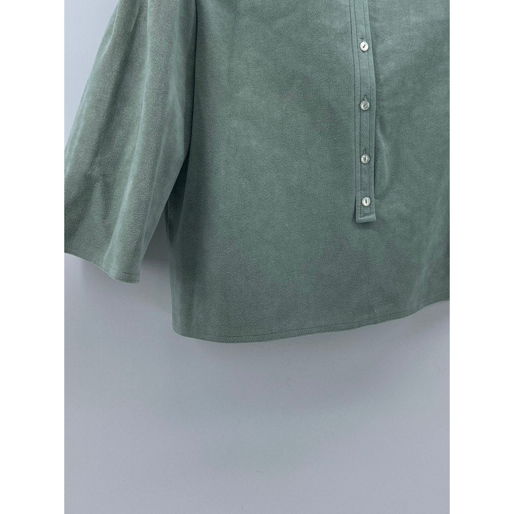 JOAN LESLIE BY KASPER Women's Mint Green Suede Button-Front Puff-Sleeve Top SZ S