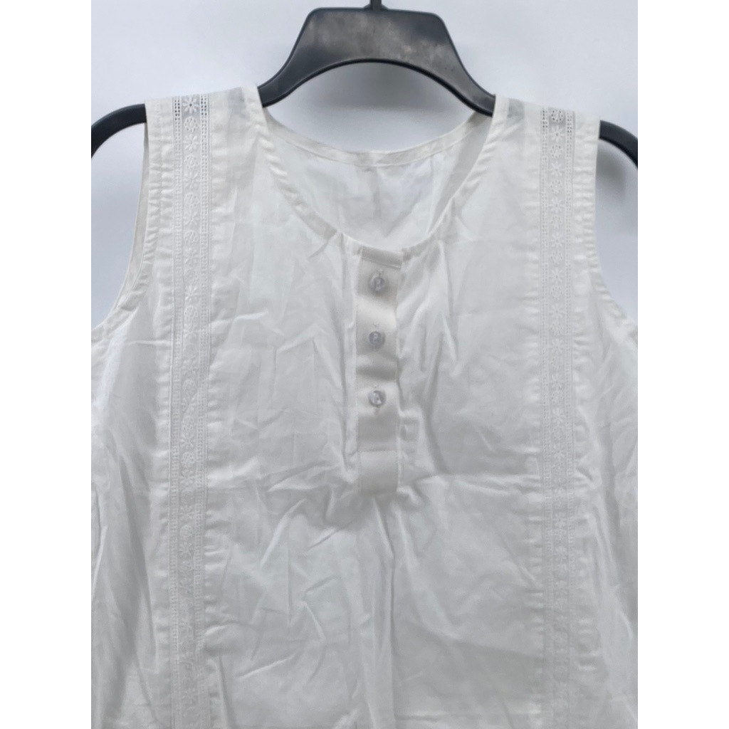 UNBRANDED Women's White Crewneck Sleeveless Eyelet Floral Trim Top SZ S