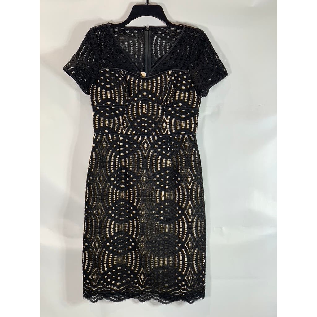 NUE by SHANI Women's Black Lace Nude Lined V Neck Dress SZ 4