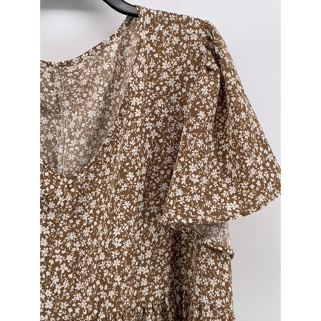 SHEIN Women's Plus Tan Floral Short Sleeve V-Neck Dress SZ 3XL