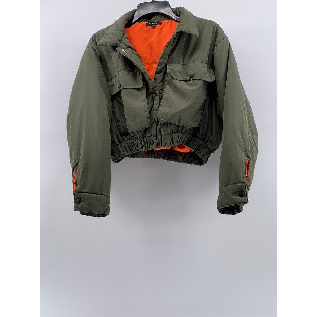 LABIJOU Women's Olive Green Snap-Button Cropped Puffer Jacket SZ M