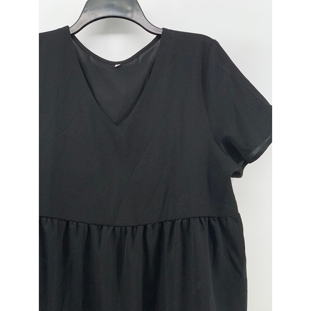 UNBRANDED Women's Black Solid V-Neck Tiered A-Line Mini Skirt SZ L