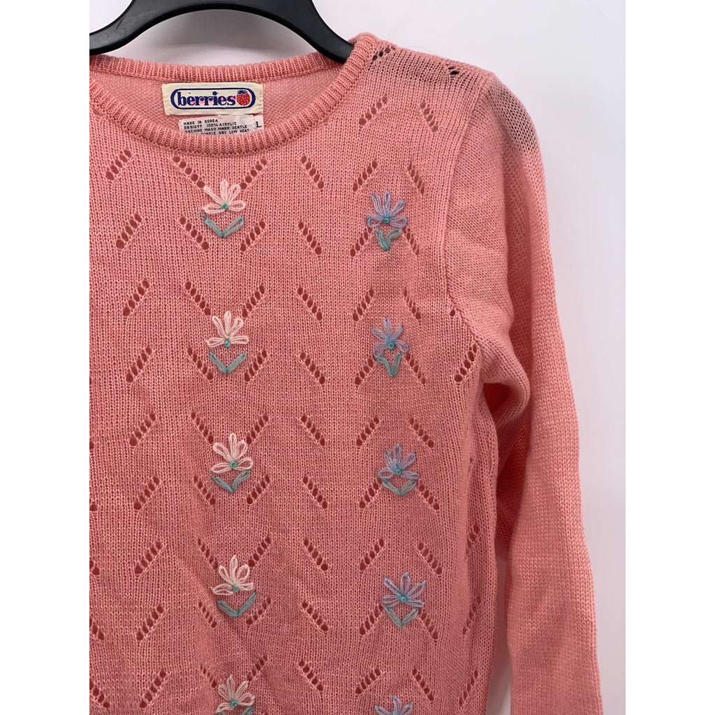 BERRIES Women's Vintage Pink Knit Floral Cutout Long Sleeve Ruffle Sweater SZ L