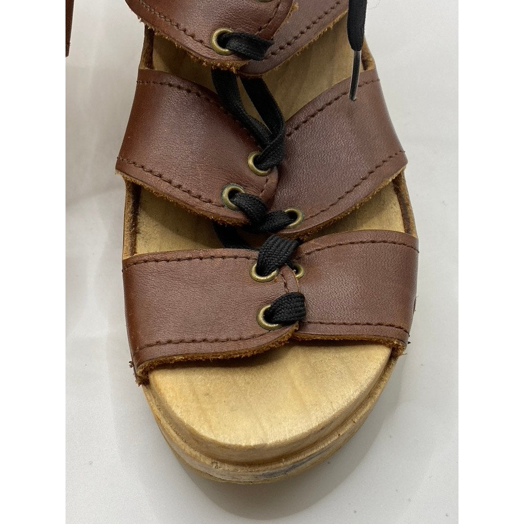 NO. 6 Women's Brown Leather Lace-Up Peep-Toe Wedge Sandals SZ 38(US7.5)