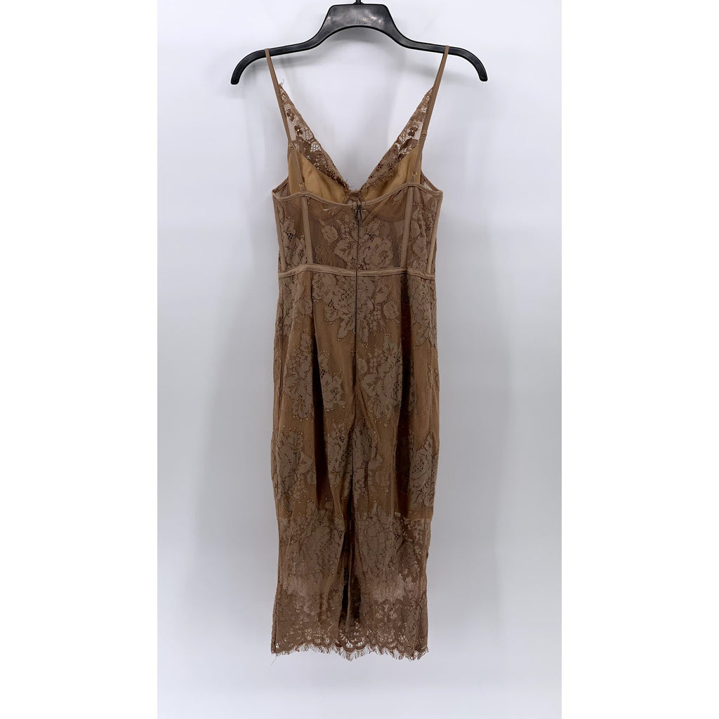 MISHA COLLECTION Women's Tan Lace V-Neck Spaghetti Strap Bodycon Midi Dress SZ 4