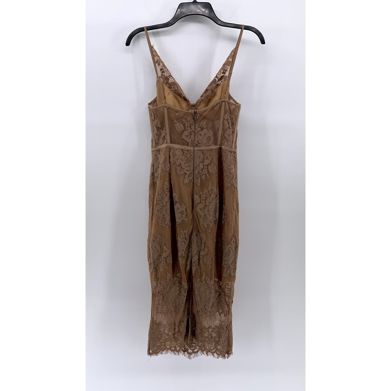 MISHA COLLECTION Women's Tan Lace V-Neck Spaghetti Strap Bodycon Midi Dress SZ 4