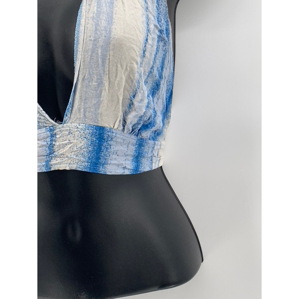 UNBRANDED Women's Blue Printed V-Neck Tie-Neck/Back Cropped Top SZ OS