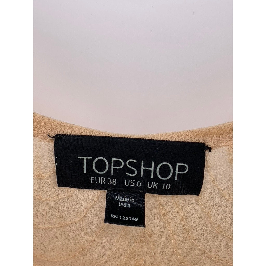 TOPSHOP Women's Beige Beaded Scoop-Neck Sheer Sleeveless Top SZ 6
