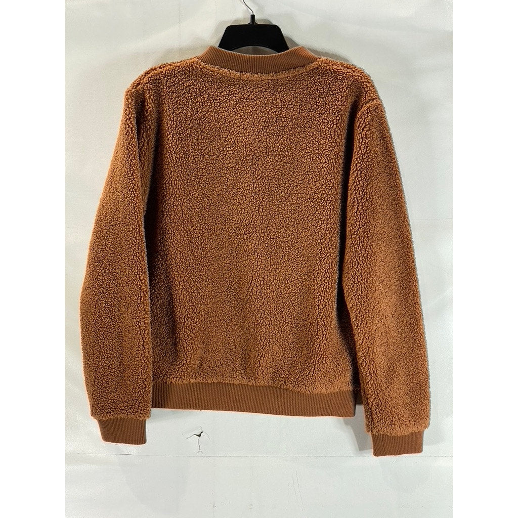 FOREVER 21 Women's Brown Faux-Fur Teddy Full-Zio Bomber Jacket SZ M