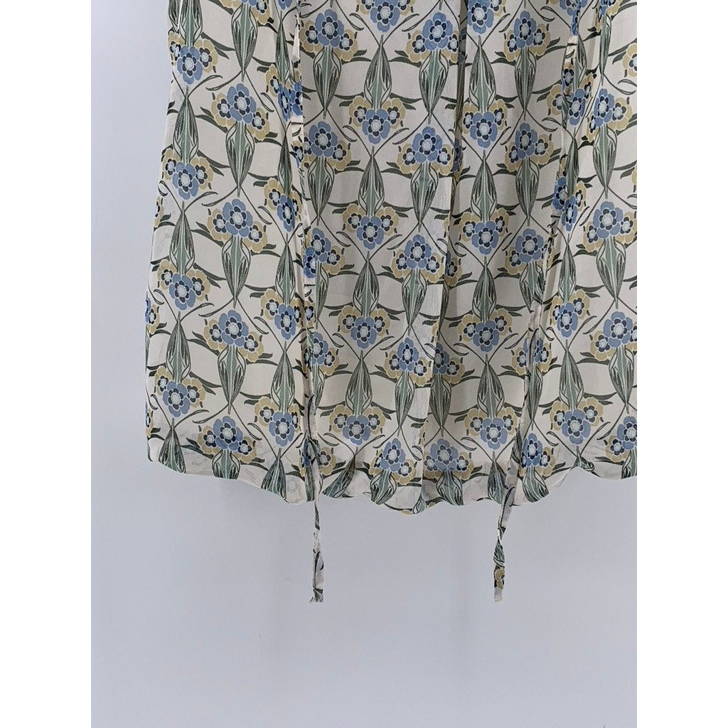 MAX STUDIO Women's White-Blue Floral Ruffle Split-Neck Sleeveless Top SZ XS