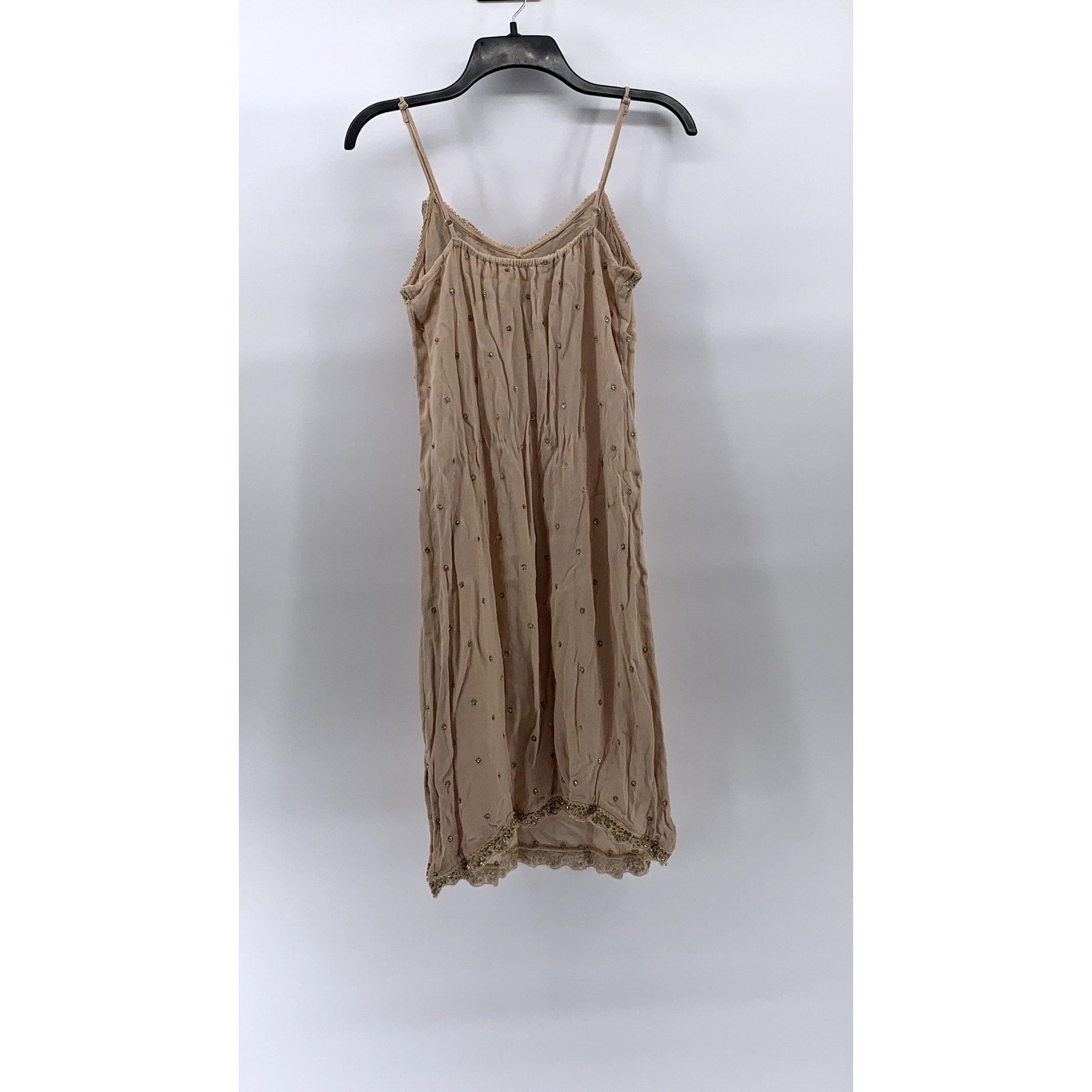 LOVE SAM Women's Petite Beige Sequin Embellished Sheer V-Neck Mini Dress SZ S/P