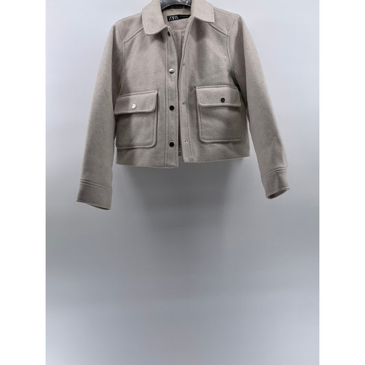 ZARA Women's Soft Ecru Beige Snap-Button Cropped Jacket SZ XS