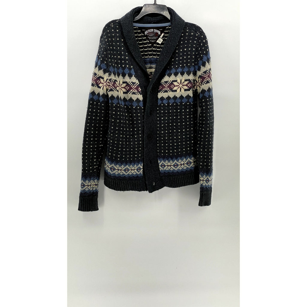 HILFIGER DENIM Men's Navy Fair Isle Knit Shawl Collar Button-Up Cardigan SZ M