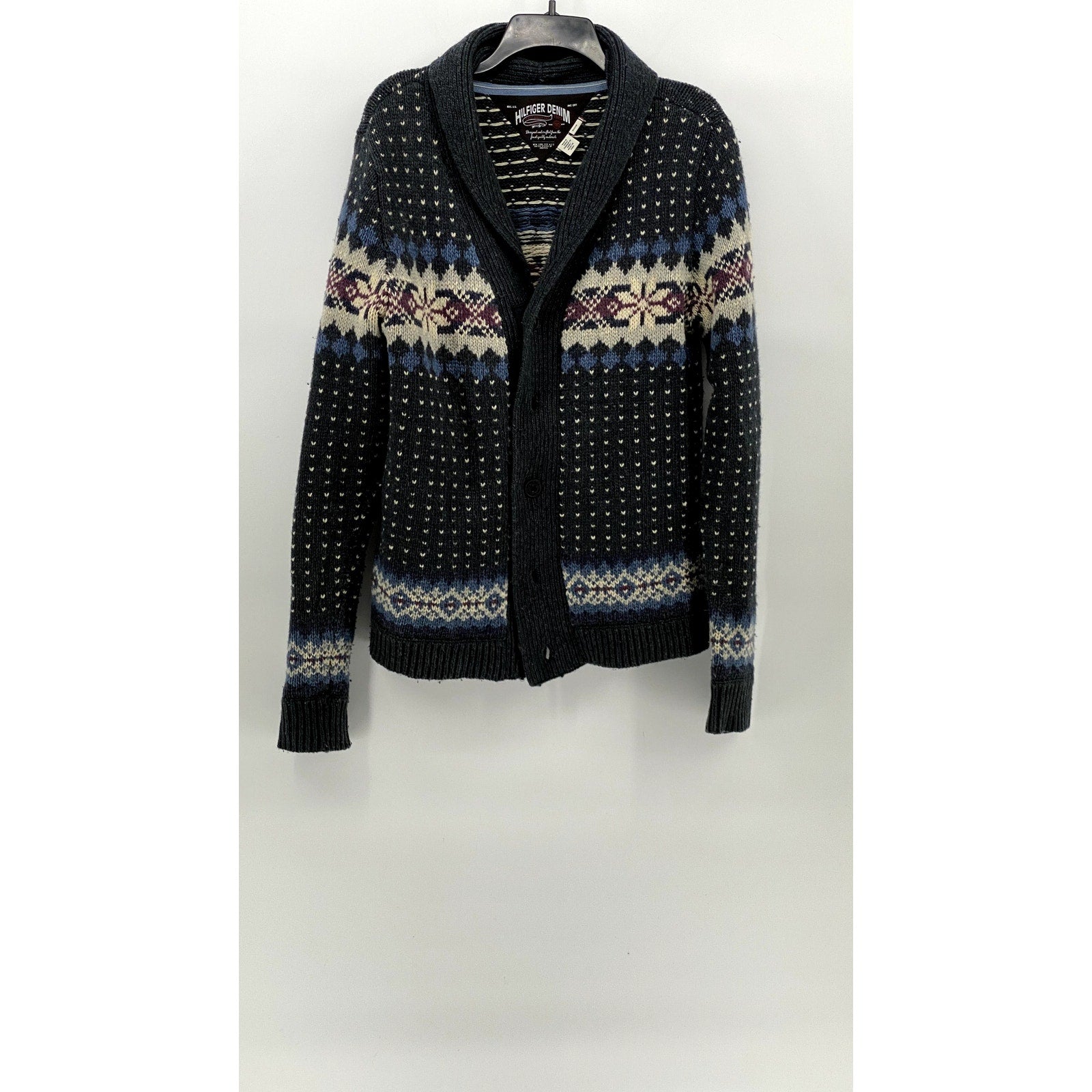 HILFIGER DENIM Men's Navy Fair Isle Knit Shawl Collar Button-Up Cardigan SZ M