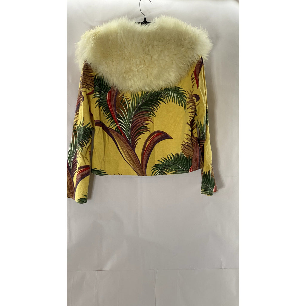 WESTERLY USA Women's Vintage Yellow Floral Fur Collar Zip-Up Jacket SZ M