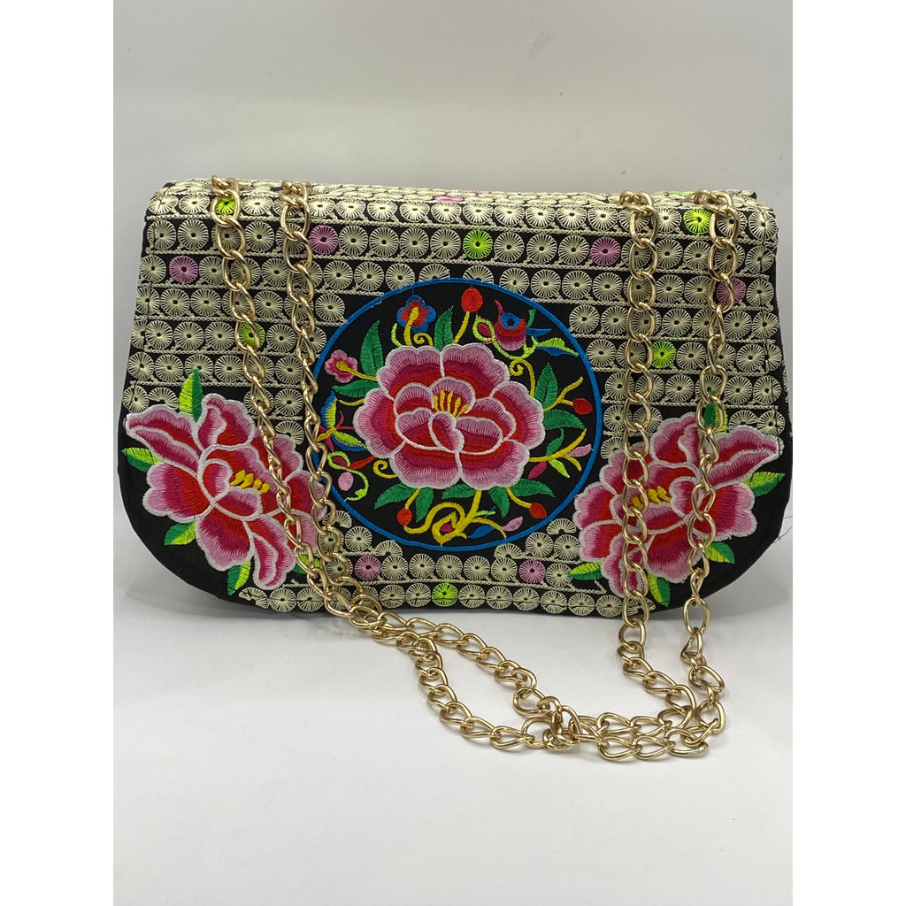 UNBRANDED Women's Black-Multi Dahlia Embroidered Flap Chain-Strap Bag