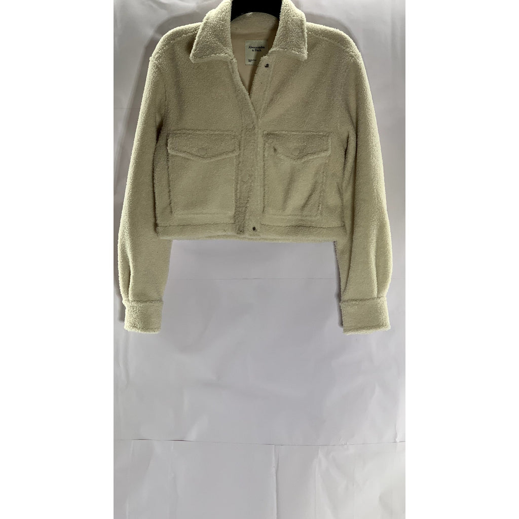 ABERCROMBIE & FITCH Women's Beige Sherpa Snap-Button Cropped Jacket SZ XS