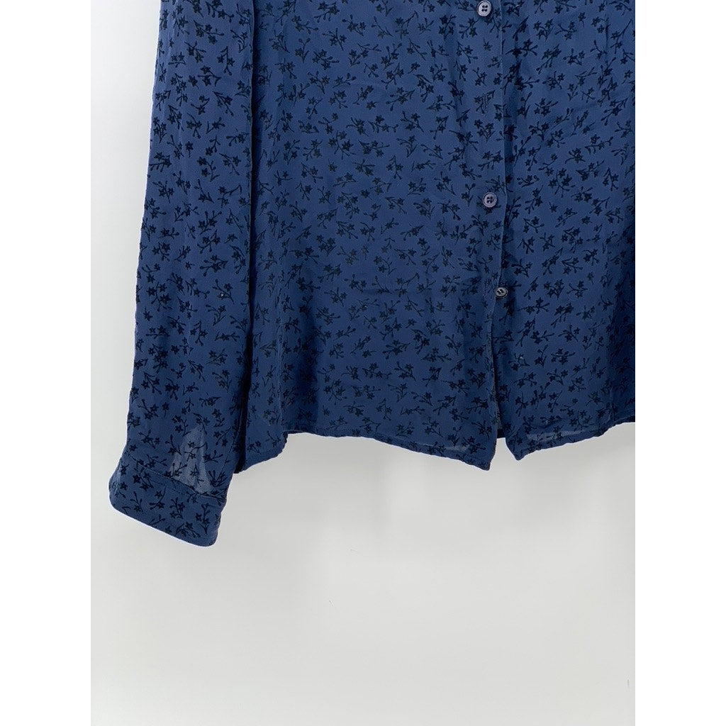 JONES NEW YORK Women's Blue Floral Sheer Button-Up  Long Sleeve Top SZ 14