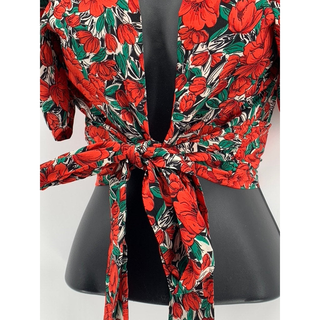 SHEIN Women's Red-Green Floral Short Puff Sleeve Wrap V-Neck Cropped Top SZ 4