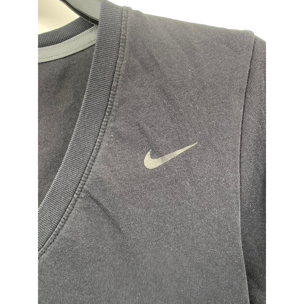 NIKE Women's Black-White V-Neck Swoosh Short Sleeve Active Top SZ S
