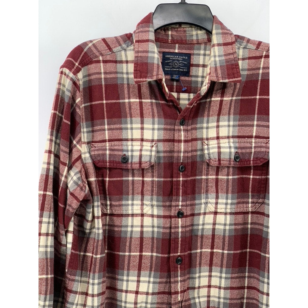 AMERICAN EAGLE Men's Red-White Plaid Button-Up Long Sleeve Flannel Shirt SZ M