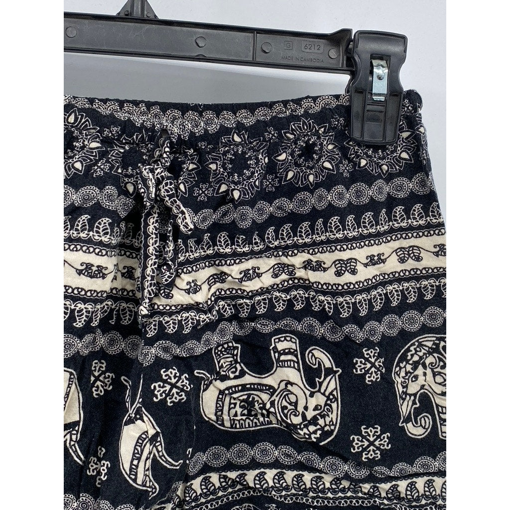 UNBRANDED Women’s Black-Beige Printed Drawstring Relaxed-Fit Shorts SZ S