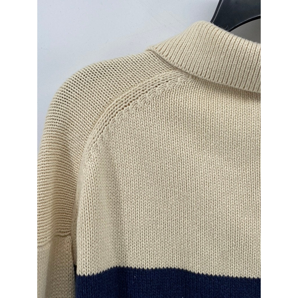 VELVET By GRAHAM & SPENCER Women's Beige-Black Striped Knit Sweater Polo SZ S