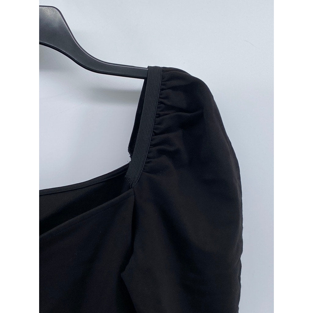 H&M Women's Black Solid Short Puff Sleeve Straight Neck Top SZ M