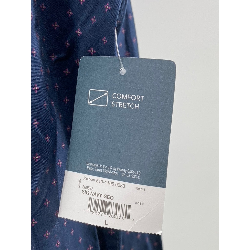 ST. JOHN'S BAY Men's Navy Printed Classic-Fit Button-Up Long Sleeve Shirt SZ L