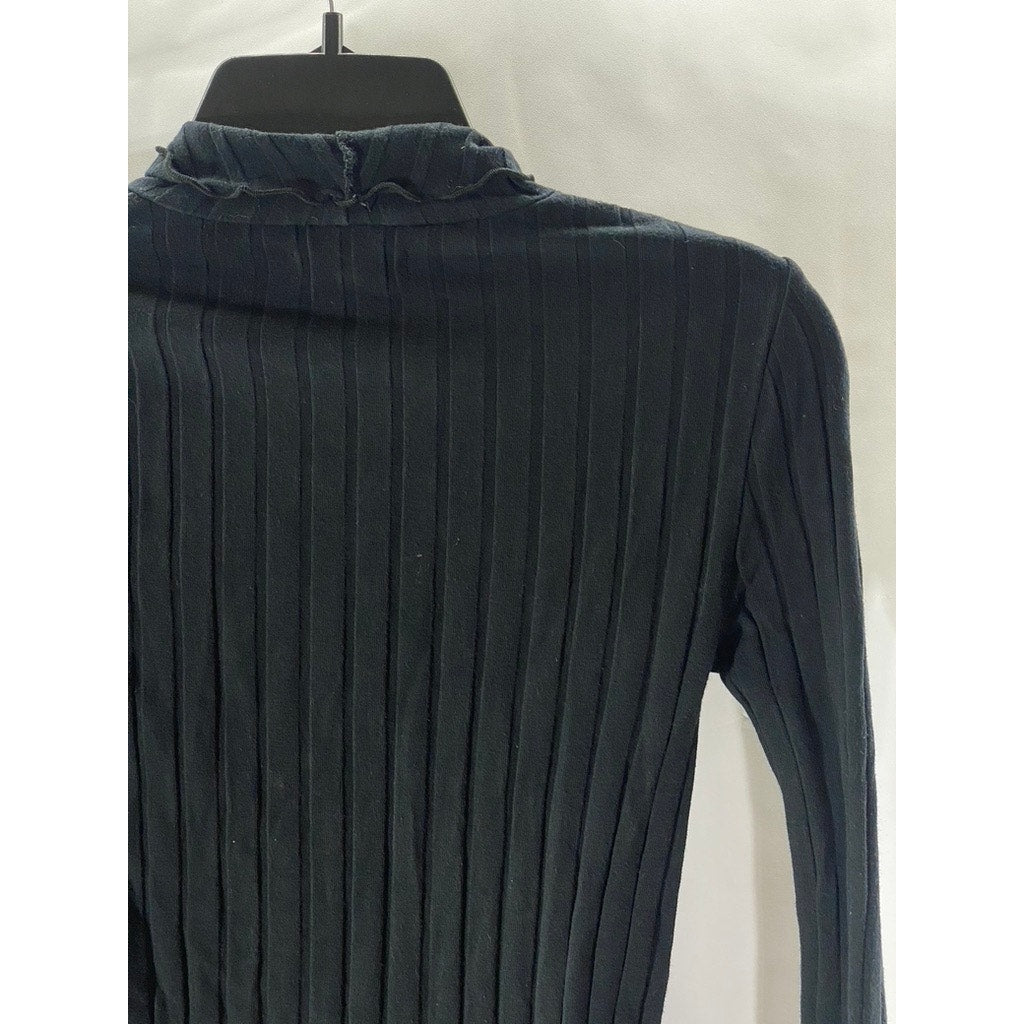 MADEWELL Women's Black Wide-Rib Lettuce-Trim Mock-Neck Long Sleeve Top SZ XS