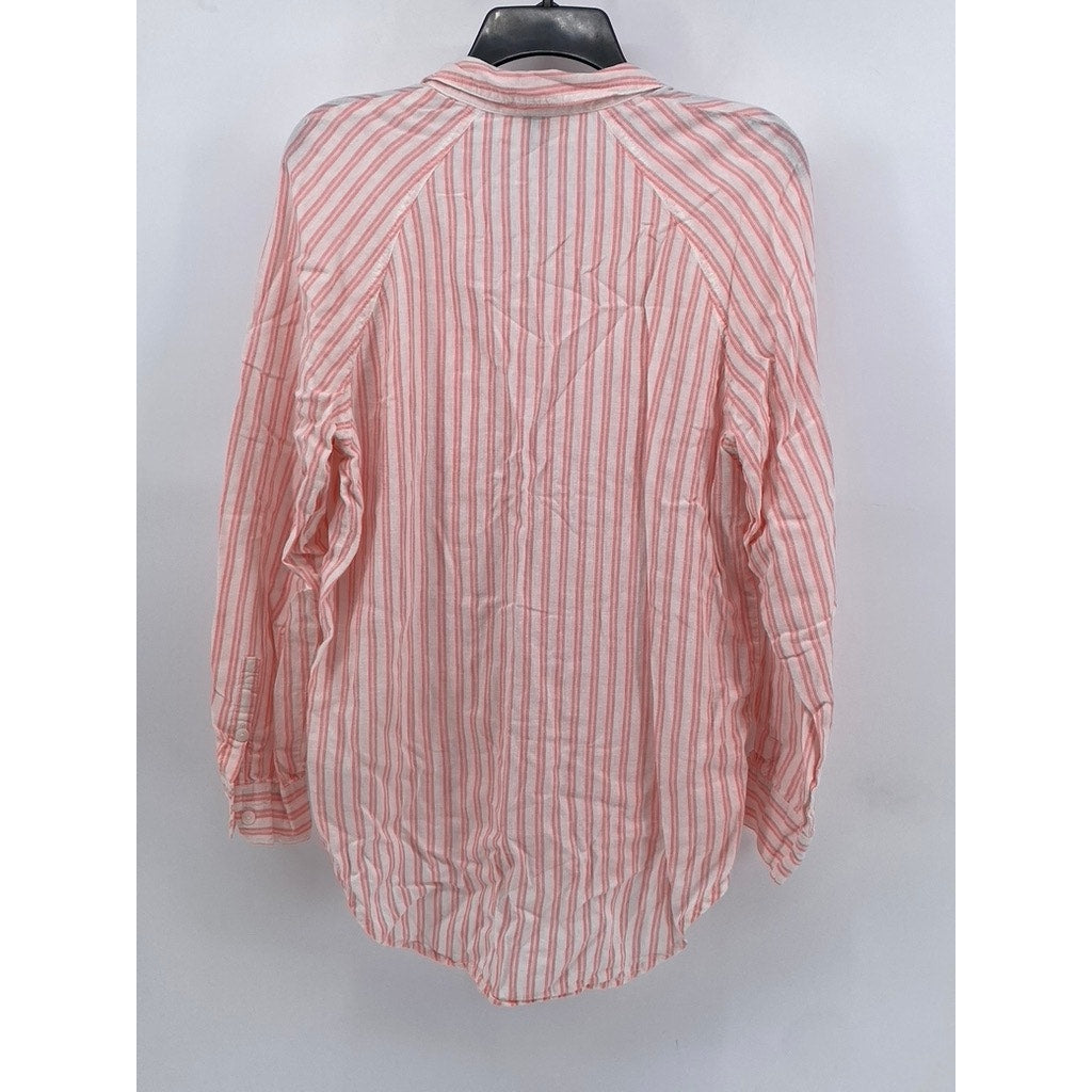 UNIVERSAL THREAD Women's Pink-White Striped Linen-Blend Button-Up Top SZ XS