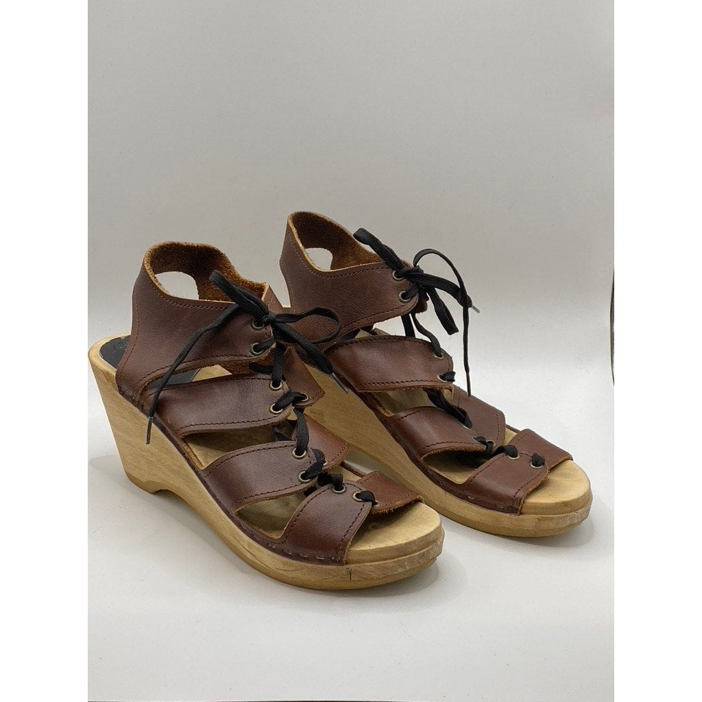 NO. 6 Women's Brown Leather Lace-Up Peep-Toe Wedge Sandals SZ 38(US7.5)